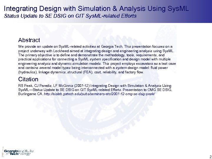 Integrating Design with Simulation & Analysis Using Sys. ML Status Update to SE DSIG