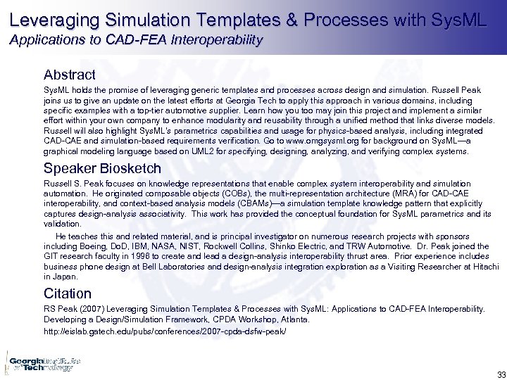 Leveraging Simulation Templates & Processes with Sys. ML Applications to CAD-FEA Interoperability Abstract Sys.