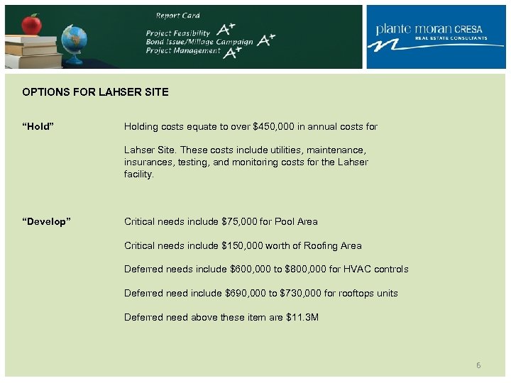 OPTIONS FOR LAHSER SITE “Hold” Holding costs equate to over $450, 000 in annual