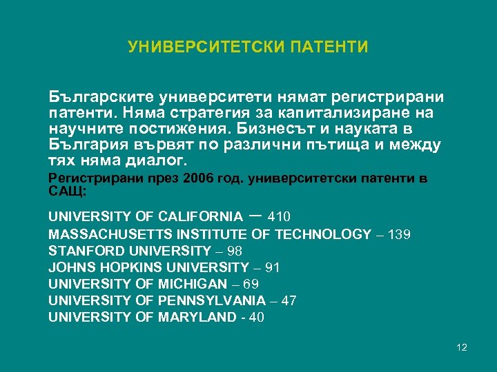 УНИВЕРСИТЕТСКИ ПАТЕНТИ Българските университети нямат регистрирани патенти. Няма стратегия за капитализиране на научните постижения.