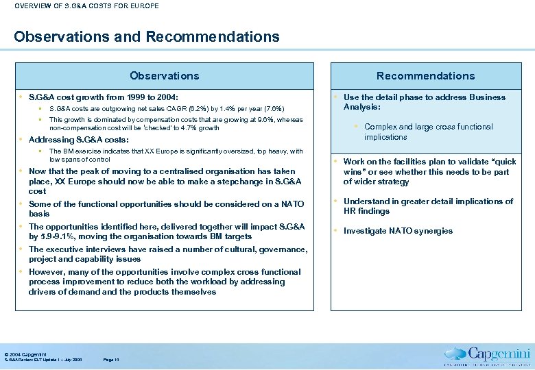 OVERVIEW OF S. G&A COSTS FOR EUROPE Observations and Recommendations Observations S. G&A cost