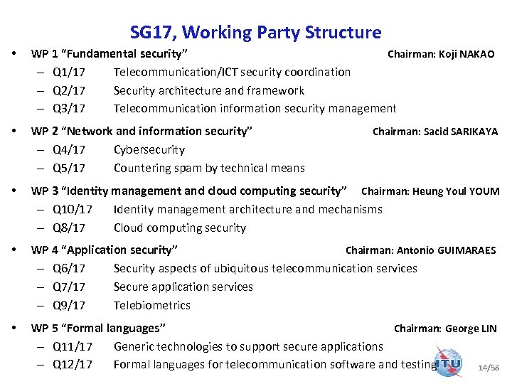 SG 17, Working Party Structure • WP 1 “Fundamental security” Chairman: Koji NAKAO –