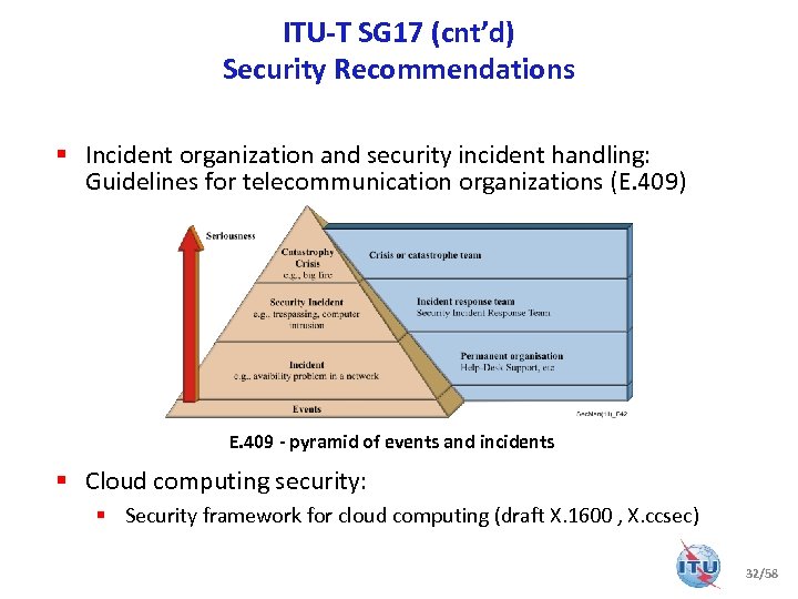 ITU-T SG 17 (cnt’d) Security Recommendations § Incident organization and security incident handling: Guidelines