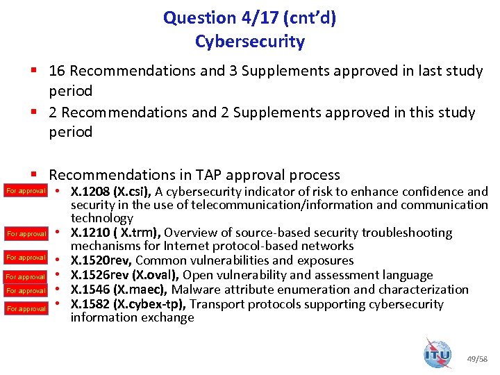 Question 4/17 (cnt’d) Cybersecurity § 16 Recommendations and 3 Supplements approved in last study
