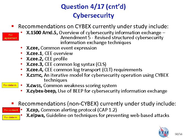 Question 4/17 (cnt’d) Cybersecurity § Recommendations on CYBEX currently under study include: For agreement