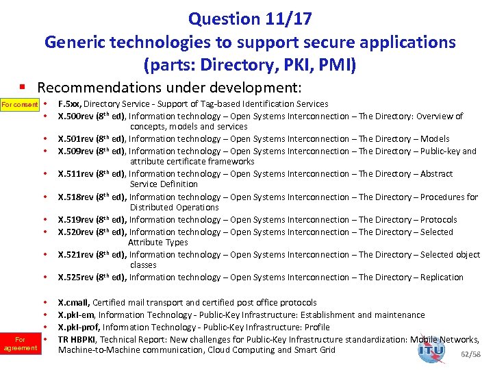 Question 11/17 Generic technologies to support secure applications (parts: Directory, PKI, PMI) § Recommendations