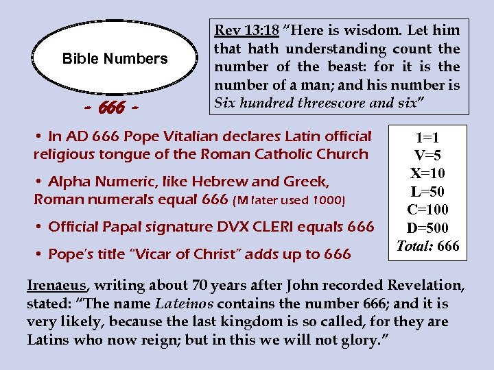 Bible Numbers - 666 - Rev 13: 18 “Here is wisdom. Let him that