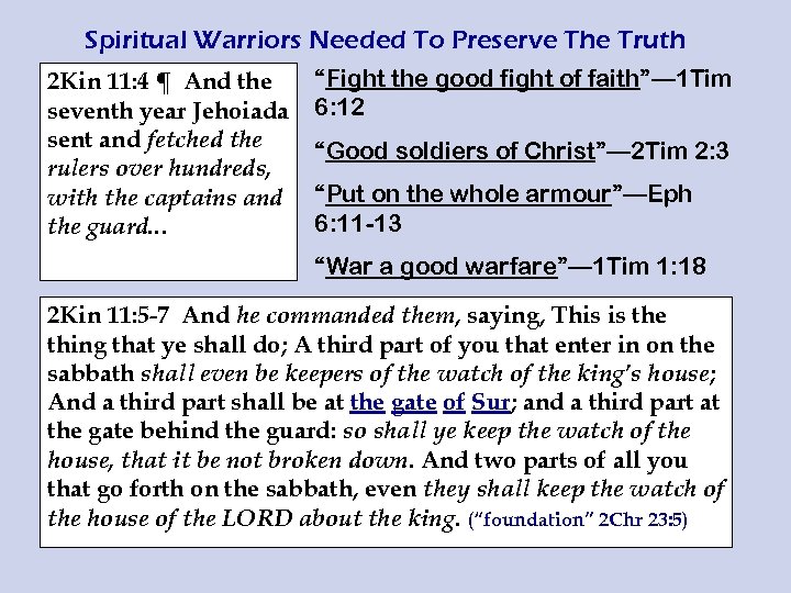 Spiritual Warriors Needed To Preserve The Truth 2 Kin 11: 4 ¶ And the