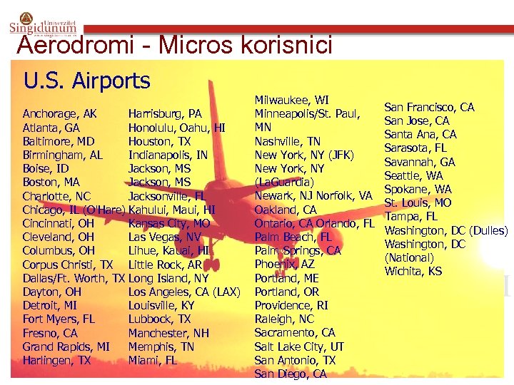 Aerodromi - Micros korisnici U. S. Airports Milwaukee, WI Minneapolis/St. Paul, Anchorage, AK Harrisburg,