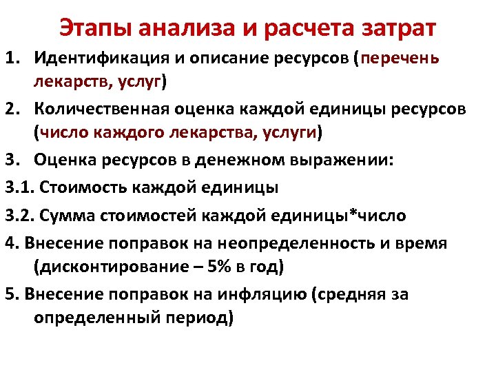 Этапы анализа и расчета затрат 1. Идентификация и описание ресурсов (перечень лекарств, услуг) 2.