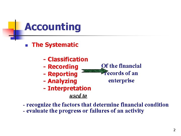 Accounting n The Systematic - Classification Of the financial - Recording records of an