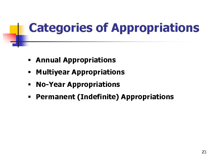 Categories of Appropriations § Annual Appropriations § Multiyear Appropriations § No-Year Appropriations § Permanent