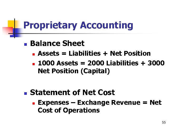 Proprietary Accounting n Balance Sheet n n n Assets = Liabilities + Net Position