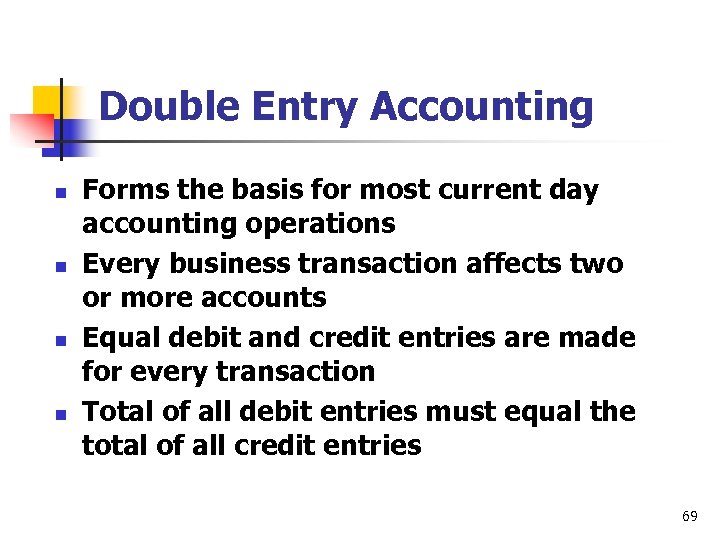 Double Entry Accounting n n Forms the basis for most current day accounting operations