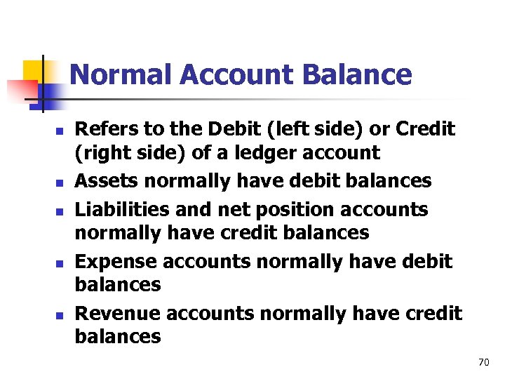 Normal Account Balance n n n Refers to the Debit (left side) or Credit