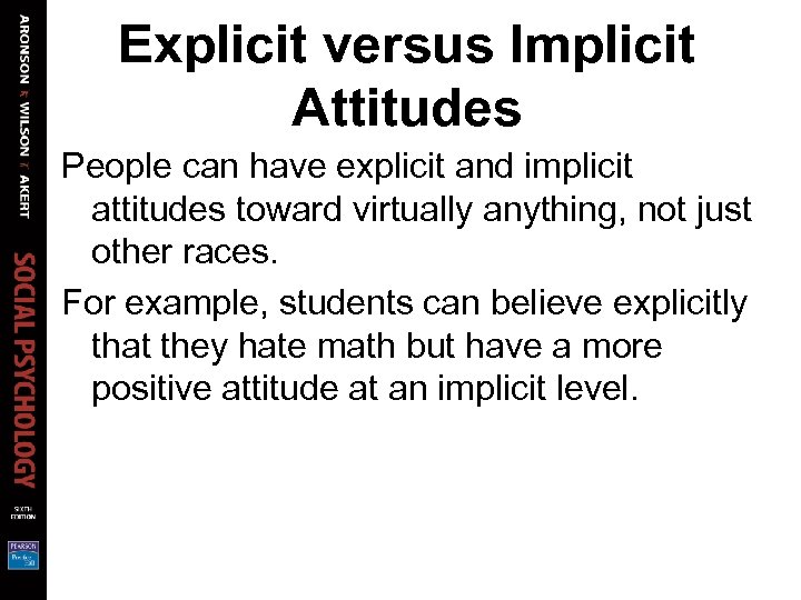 Explicit versus Implicit Attitudes People can have explicit and implicit attitudes toward virtually anything,