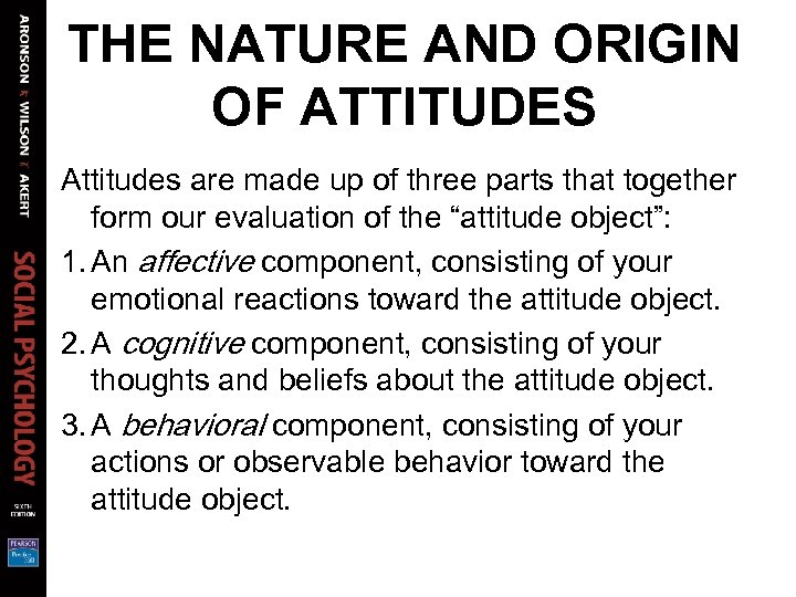 THE NATURE AND ORIGIN OF ATTITUDES Attitudes are made up of three parts that