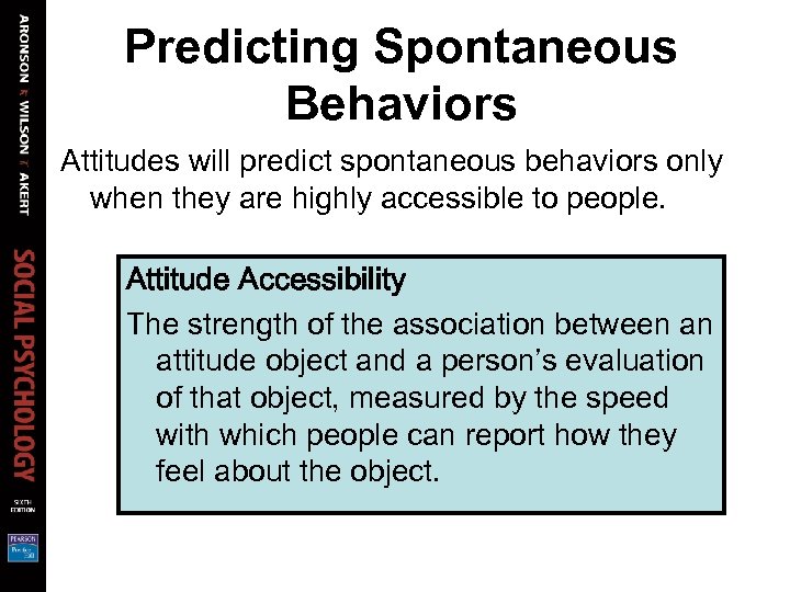 Predicting Spontaneous Behaviors Attitudes will predict spontaneous behaviors only when they are highly accessible