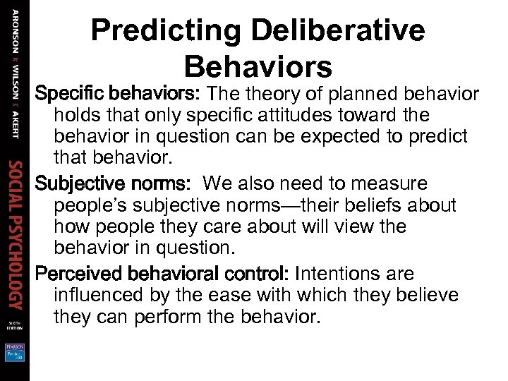 Predicting Deliberative Behaviors Specific behaviors: The theory of planned behavior holds that only specific