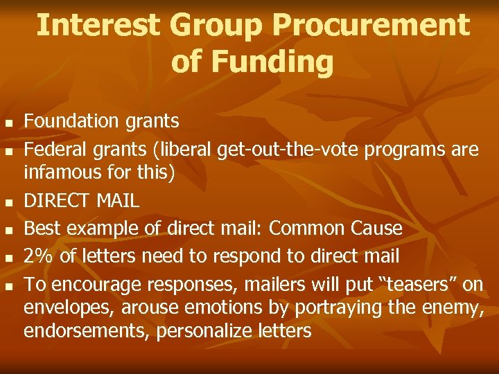 Interest Group Procurement of Funding n n n Foundation grants Federal grants (liberal get-out-the-vote