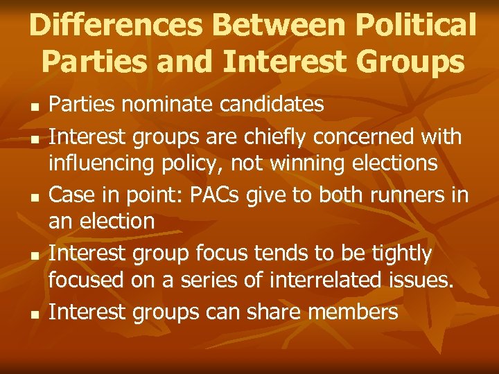 Differences Between Political Parties and Interest Groups n n n Parties nominate candidates Interest