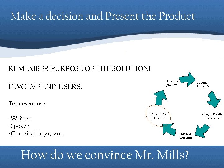 Make a decision and Present the Product REMEMBER PURPOSE OF THE SOLUTION! INVOLVE END