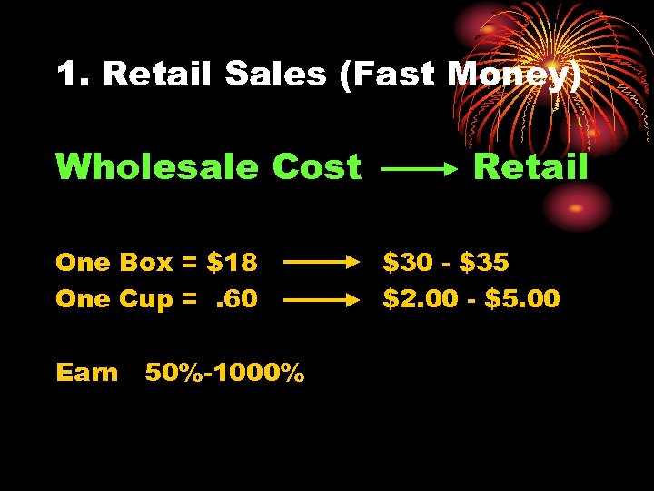 1. Retail Sales (Fast Money) Wholesale Cost One Box = $18 One Cup =.