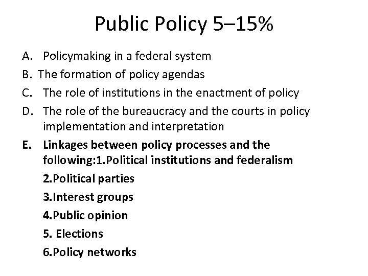Public Policy 5– 15% A. B. C. D. Policymaking in a federal system The