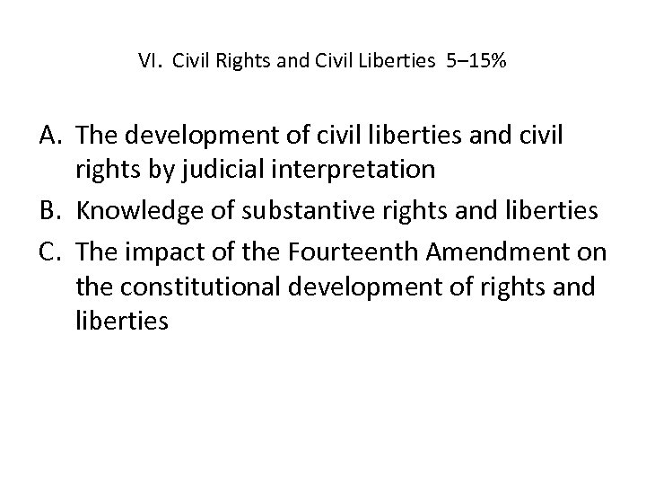 VI. Civil Rights and Civil Liberties 5– 15% A. The development of civil liberties