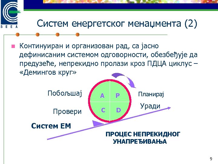 Систем енергетског менаџмента (2) n Континуиран и организован рад, са јасно дефинисаним системом одговорности,