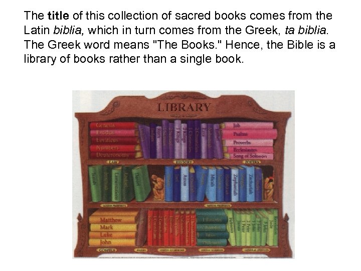 The title of this collection of sacred books comes from the Latin biblia, which