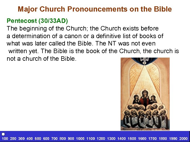 Major Church Pronouncements on the Bible Pentecost (30/33 AD) The beginning of the Church;