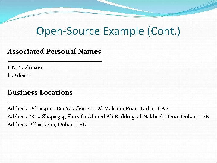 Open-Source Example (Cont. ) Associated Personal Names __________________ F. N. Yaghmaei H. Ghasir Business