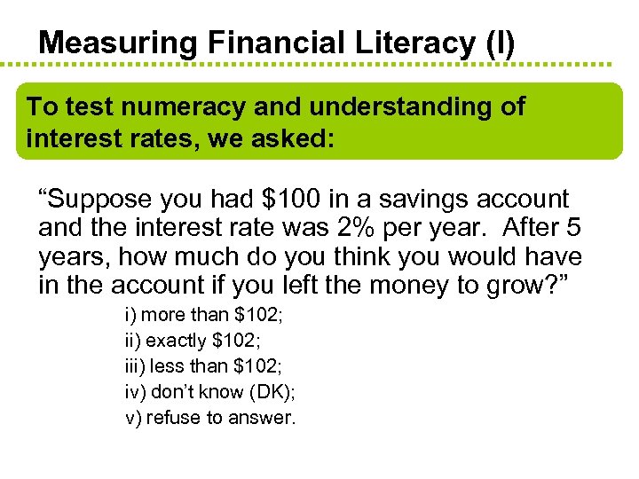 Measuring Financial Literacy (I) To test numeracy and understanding of interest rates, we asked: