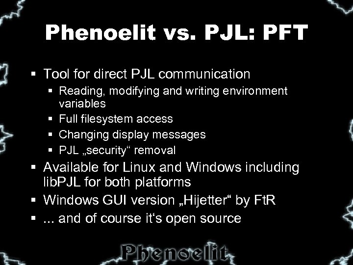 Phenoelit vs. PJL: PFT § Tool for direct PJL communication § Reading, modifying and