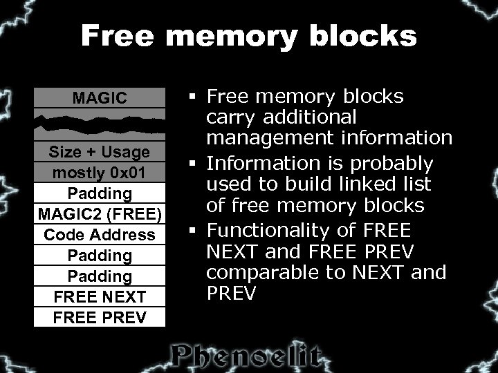 Free memory blocks MAGIC Size + Usage mostly 0 x 01 Padding MAGIC 2