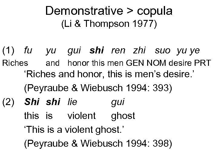 Demonstrative > copula (Li & Thompson 1977) (1) fu yu Riches and honor this