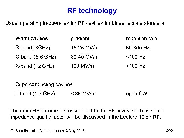 RF technology Usual operating frequencies for RF cavities for Linear accelerators are Warm cavities