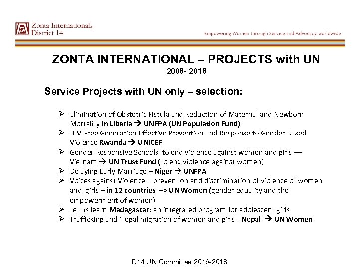 ZONTA INTERNATIONAL – PROJECTS with UN 2008 - 2018 Service Projects with UN only