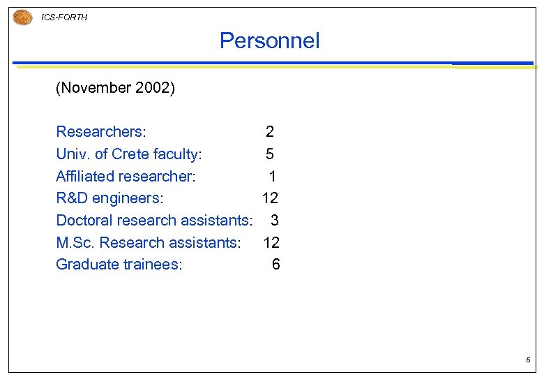 ICS-FORTH Personnel (November 2002) Researchers: Univ. of Crete faculty: Affiliated researcher: R&D engineers: Doctoral