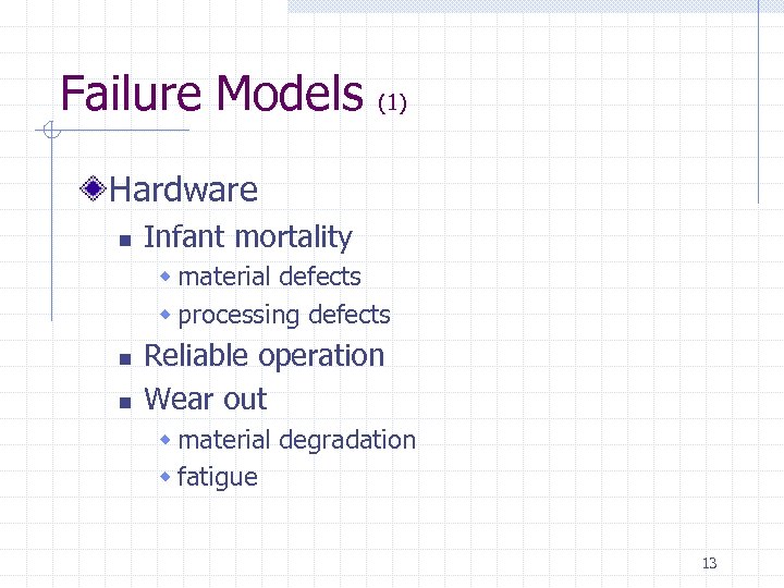 Failure Models (1) Hardware n Infant mortality w material defects w processing defects n