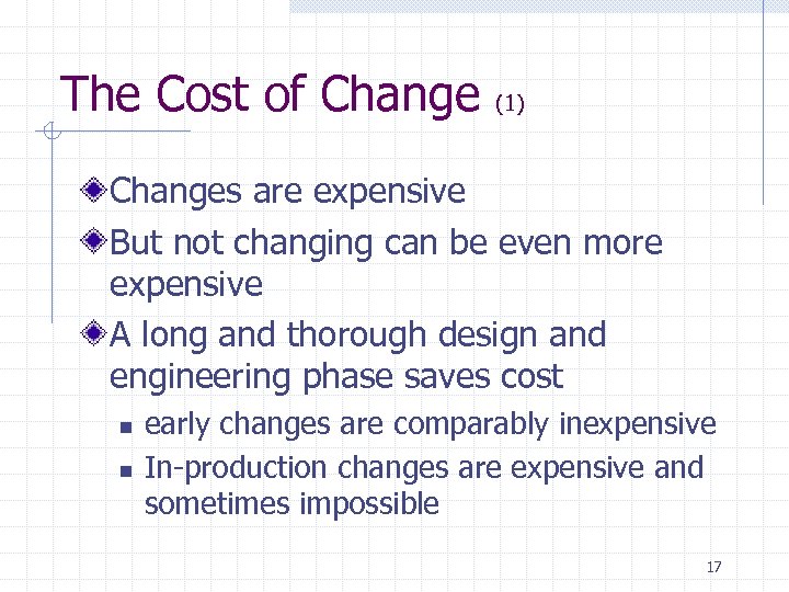 The Cost of Change (1) Changes are expensive But not changing can be even