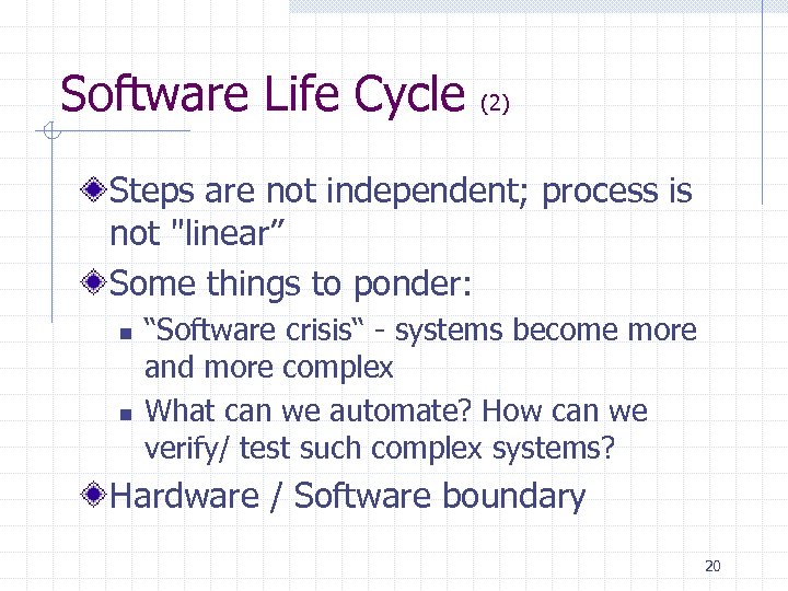 Software Life Cycle (2) Steps are not independent; process is not 