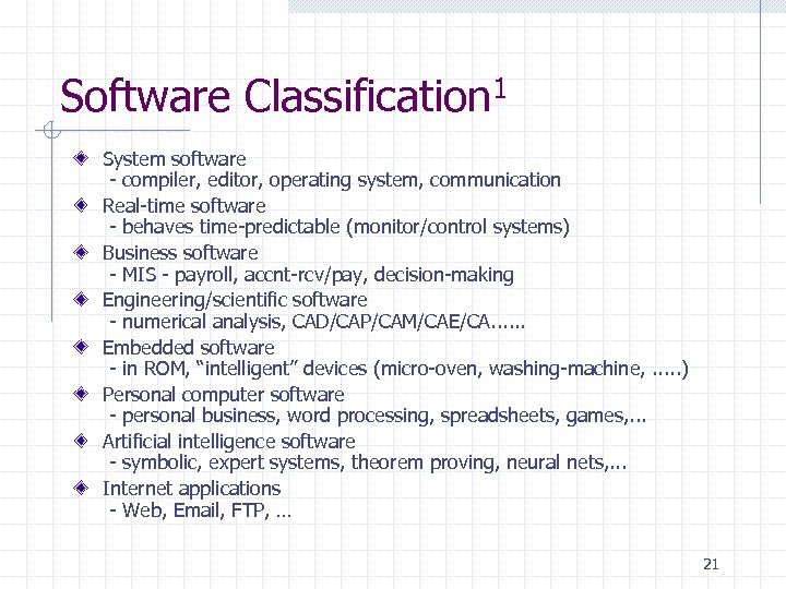 Software Classification 1 System software - compiler, editor, operating system, communication Real-time software -