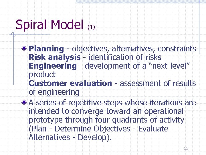 Spiral Model (1) Planning - objectives, alternatives, constraints Risk analysis - identification of risks