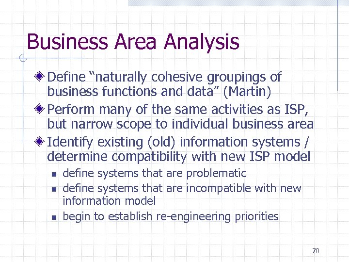 Business Area Analysis Define “naturally cohesive groupings of business functions and data” (Martin) Perform