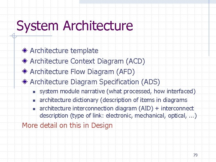 System Architecture Architecture n n n template Context Diagram (ACD) Flow Diagram (AFD) Diagram