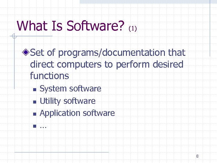 What Is Software? (1) Set of programs/documentation that direct computers to perform desired functions