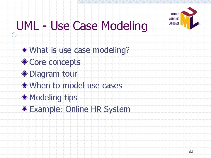 UML - Use Case Modeling What is use case modeling? Core concepts Diagram tour