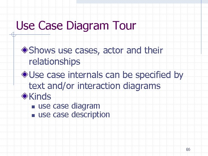 Use Case Diagram Tour Shows use cases, actor and their relationships Use case internals